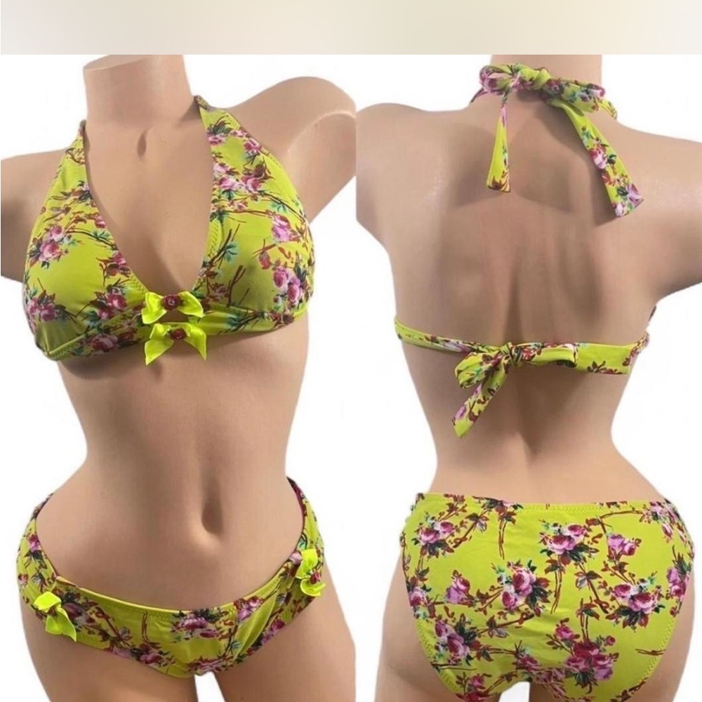 Betsey Johnson Bikini Vintage Retro Floral Bows Roses Rhinestone Margarita M/L